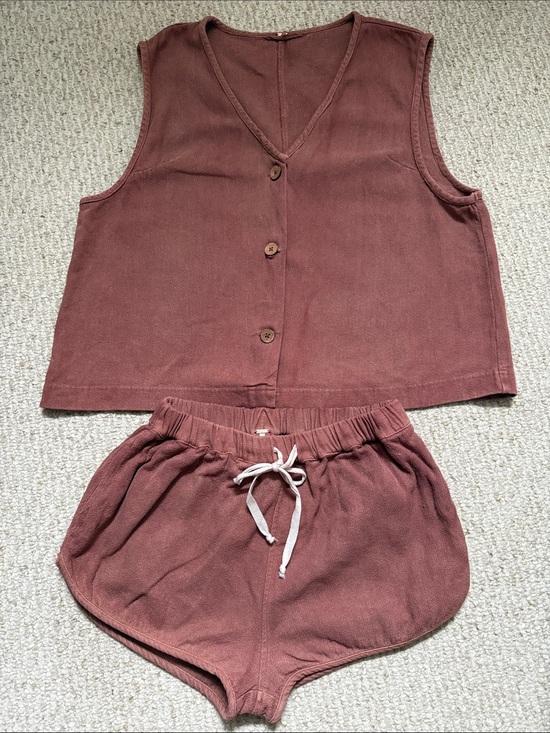 Free People Other - Free People Mauve Sleeveless Button Front Top + Drawstring Shorts Set